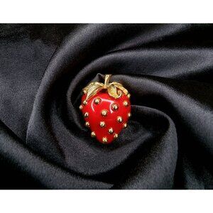 Vintage KJL Kenneth Jay Lane Red Strawberry Gold-Tone Brooch Pin With Leaf Detai